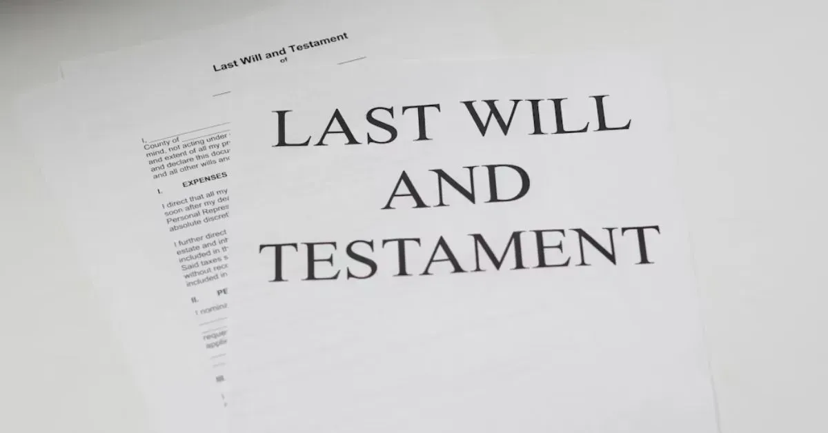 Last Will and Testament document on a white table, shown in black text.