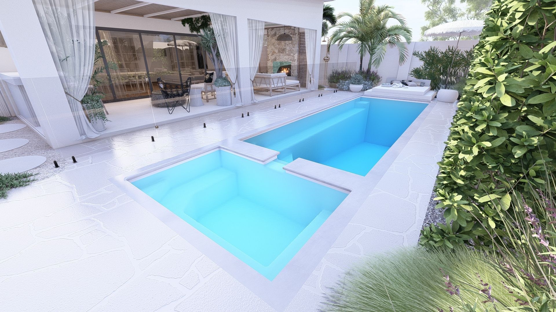 A Large Swimming Pool With A Glass Fence Around It — Gibson Family Pools Pty Ltd In Port Macquarie, NSW