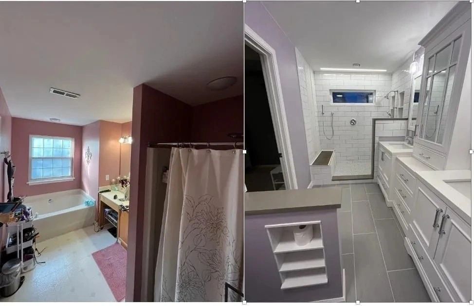 Split view of a pink bedroom with closet and a white bathroom with vanity and tiled shower