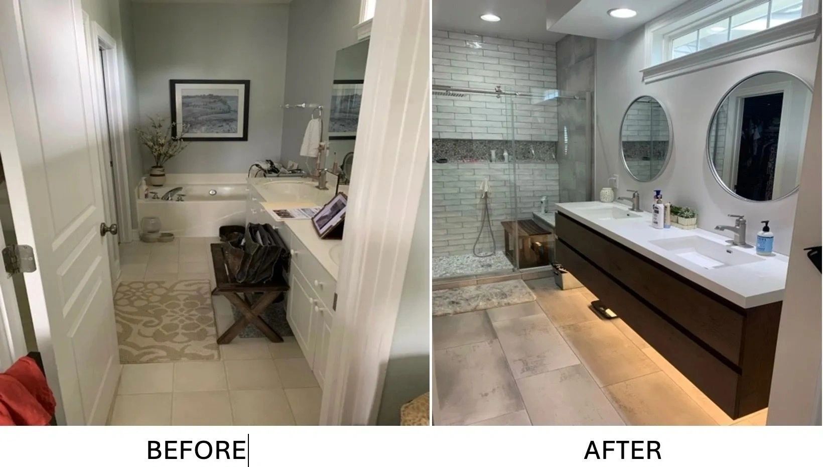 Before-and-after bathroom remodel: narrow hall bath changed to modern double vanity and glass shower.