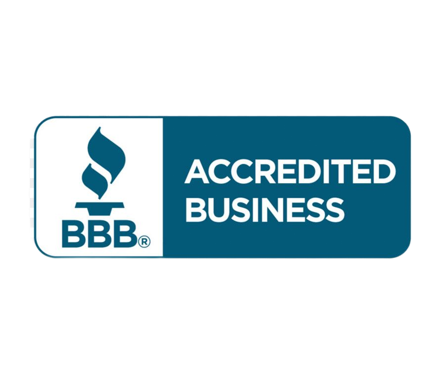 BBB Accredited Business logo: Blue and white badge with flame icon and text.