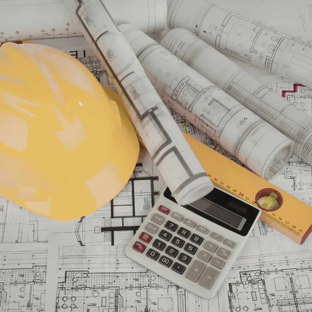 Yellow hard hat, calculator, ruler, and rolled blueprints on architectural plans.