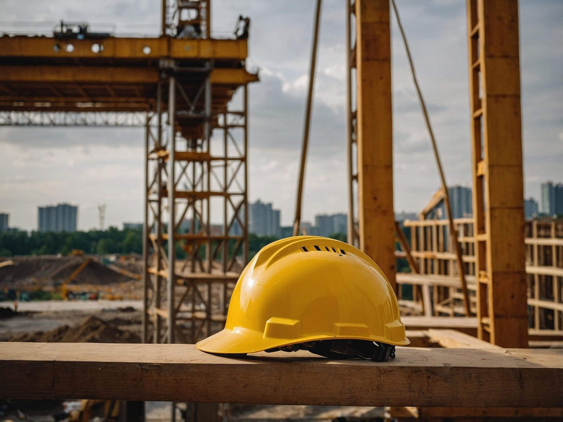 Yellow hard hat on wooden beam at a construction site, crane in the background, cloudy sky.