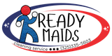 A logo for ready maids cleaning service with a man holding a balloon.