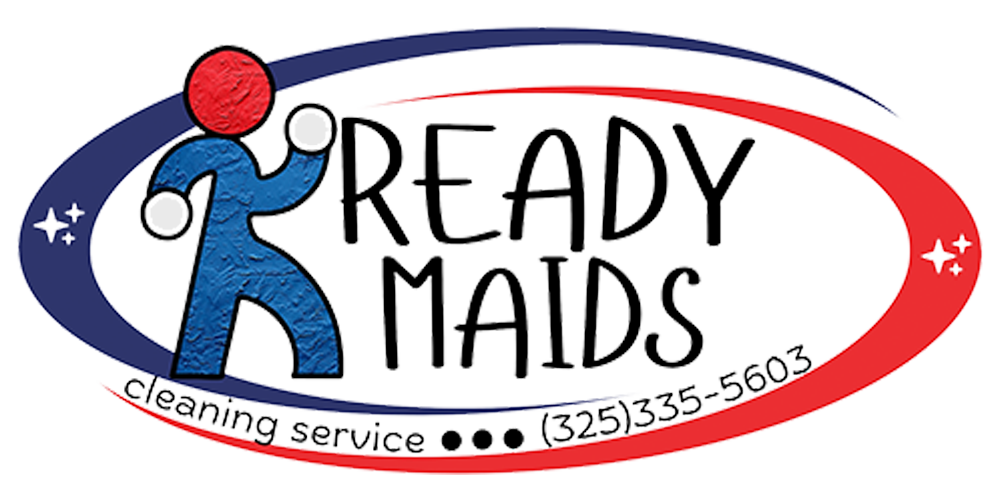 A logo for ready maids cleaning service with a man holding a balloon.