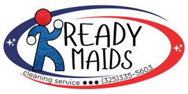 A logo for ready maids cleaning service with a man holding a balloon.