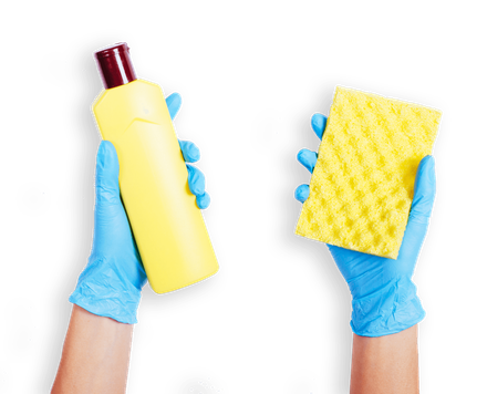 A person wearing blue gloves is holding a yellow bottle and a yellow sponge.