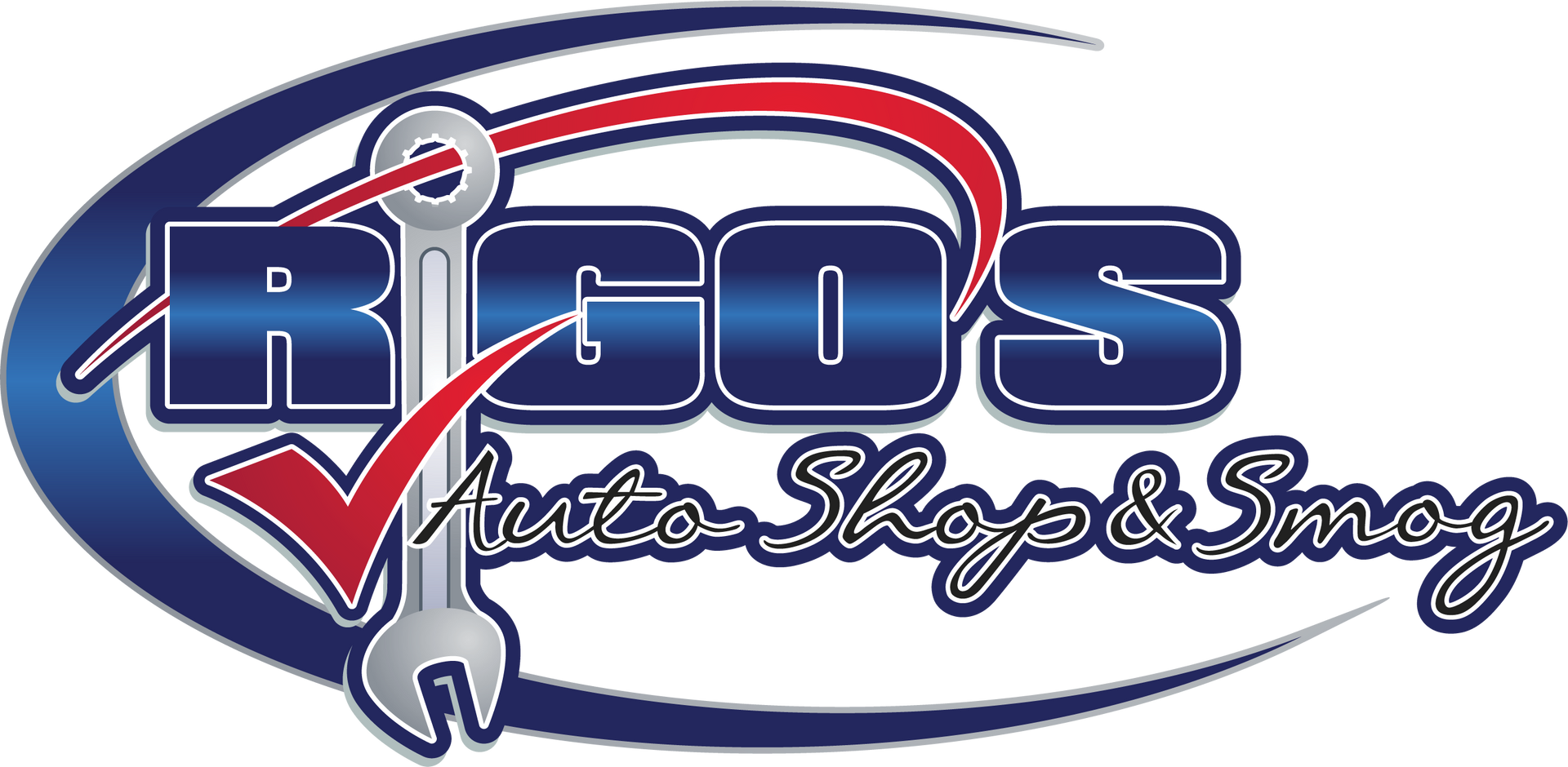RGOS Auto Shop & Smog logo with a wrench, checkmark, and blue and red accents.