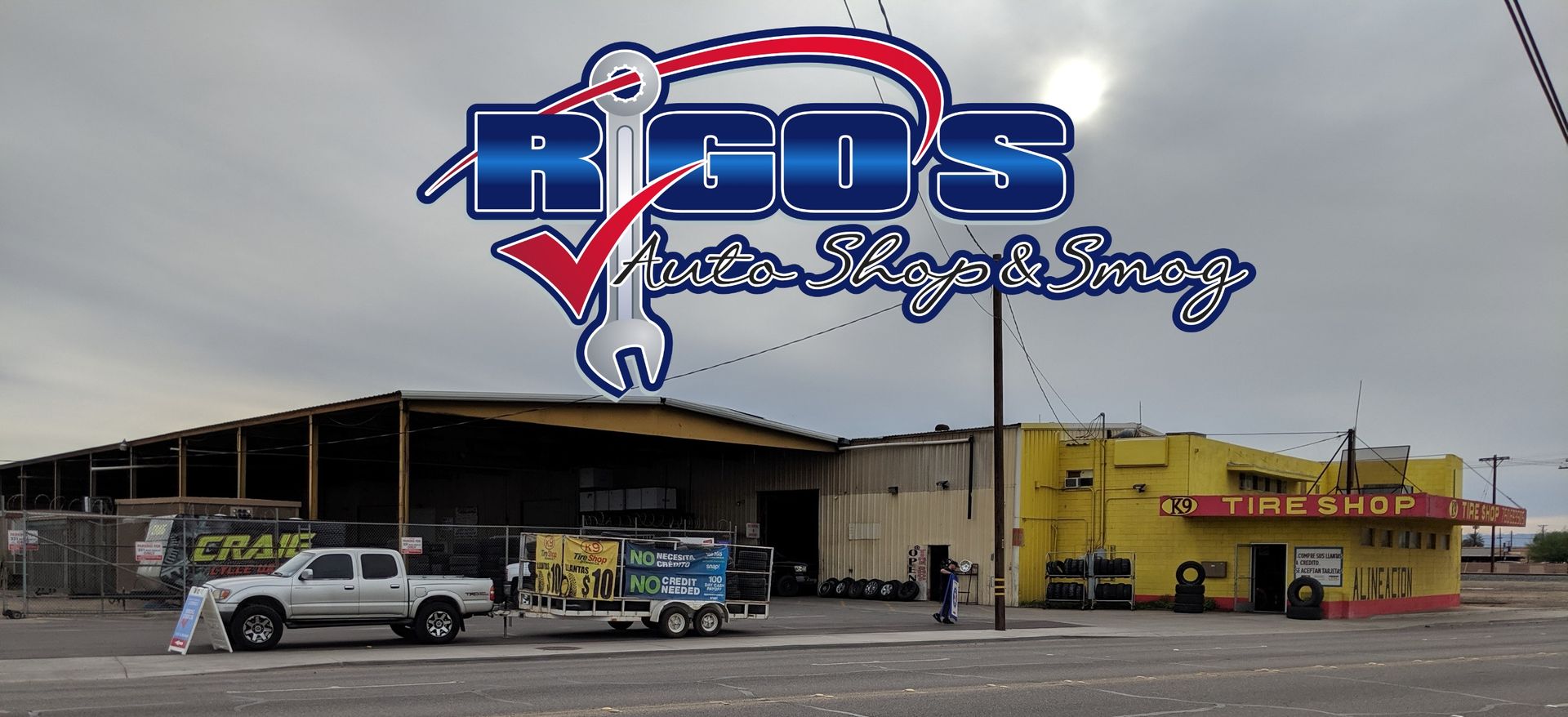 A garage with a sign that says