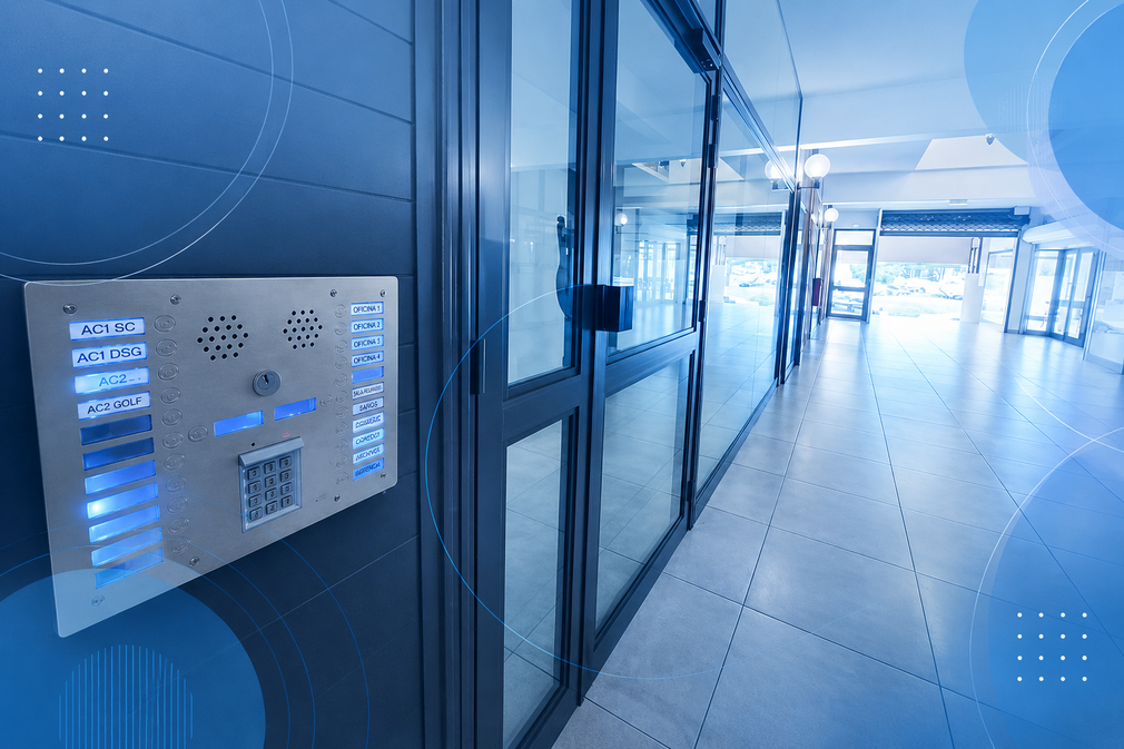 Pasillo de sala de servidores en tonos azules con teclado de acceso montado en la pared y puertas de cristal.