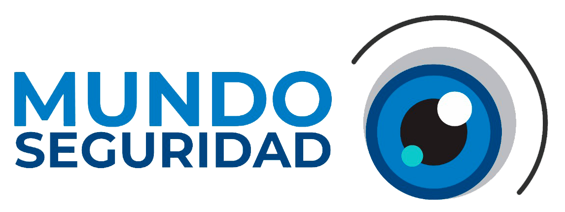Logotipo de Mundo Seguridad en color azul con un icono de un ojo azul estilizado y un centro circular negro.