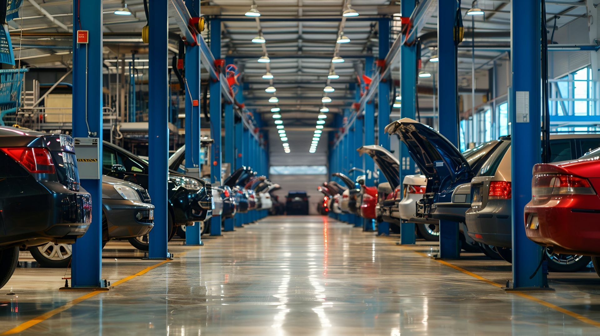 Cars in a long row inside a vehicle repair shop | Superior Auto Repair and Tires