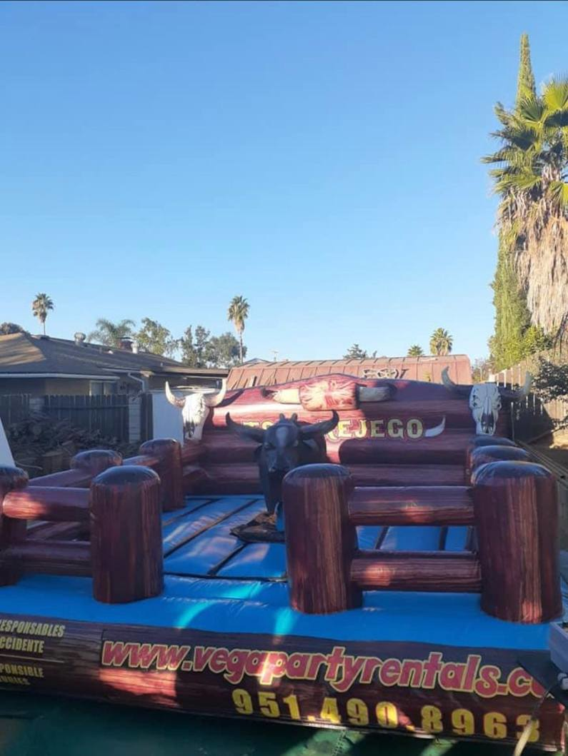 A large inflatable castle is sitting in front of a house.