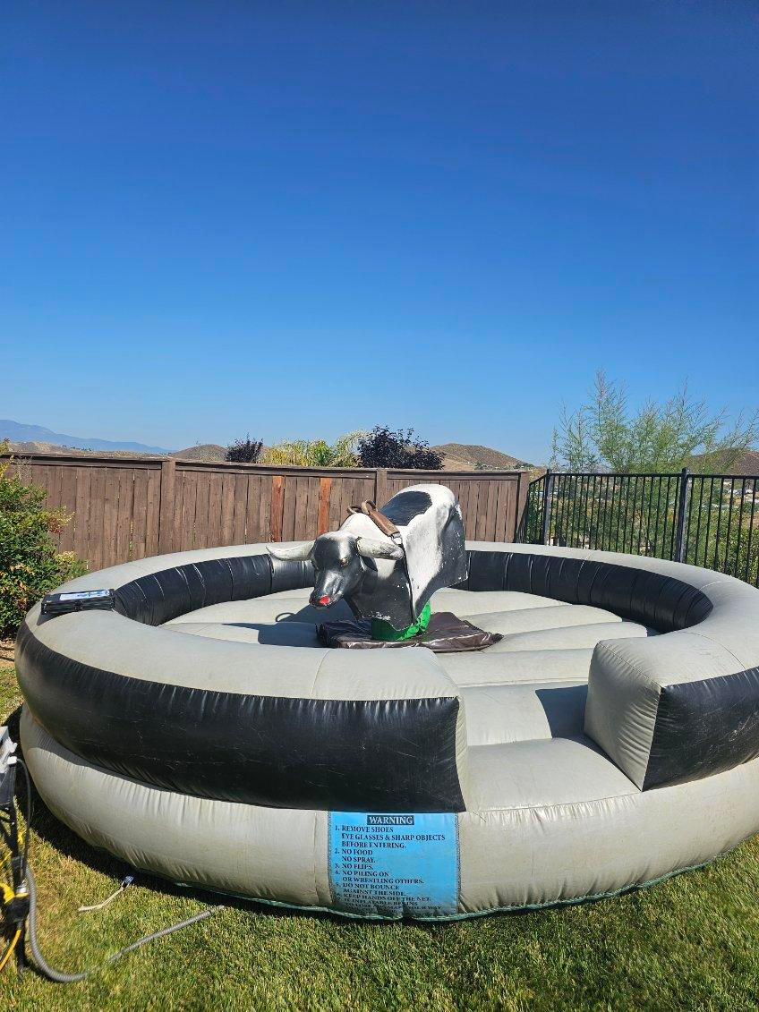 An inflatable rodeo bull is sitting in the middle of a circle in the grass.