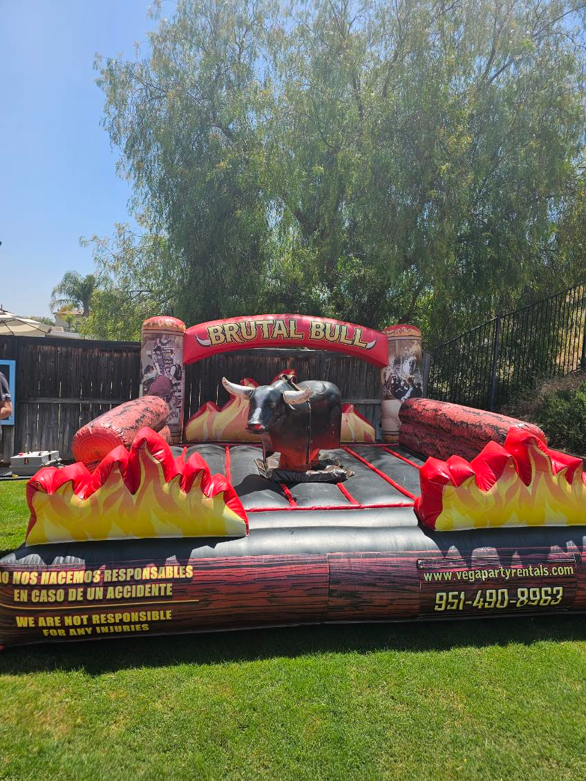 A man is riding an inflatable bull in a park.