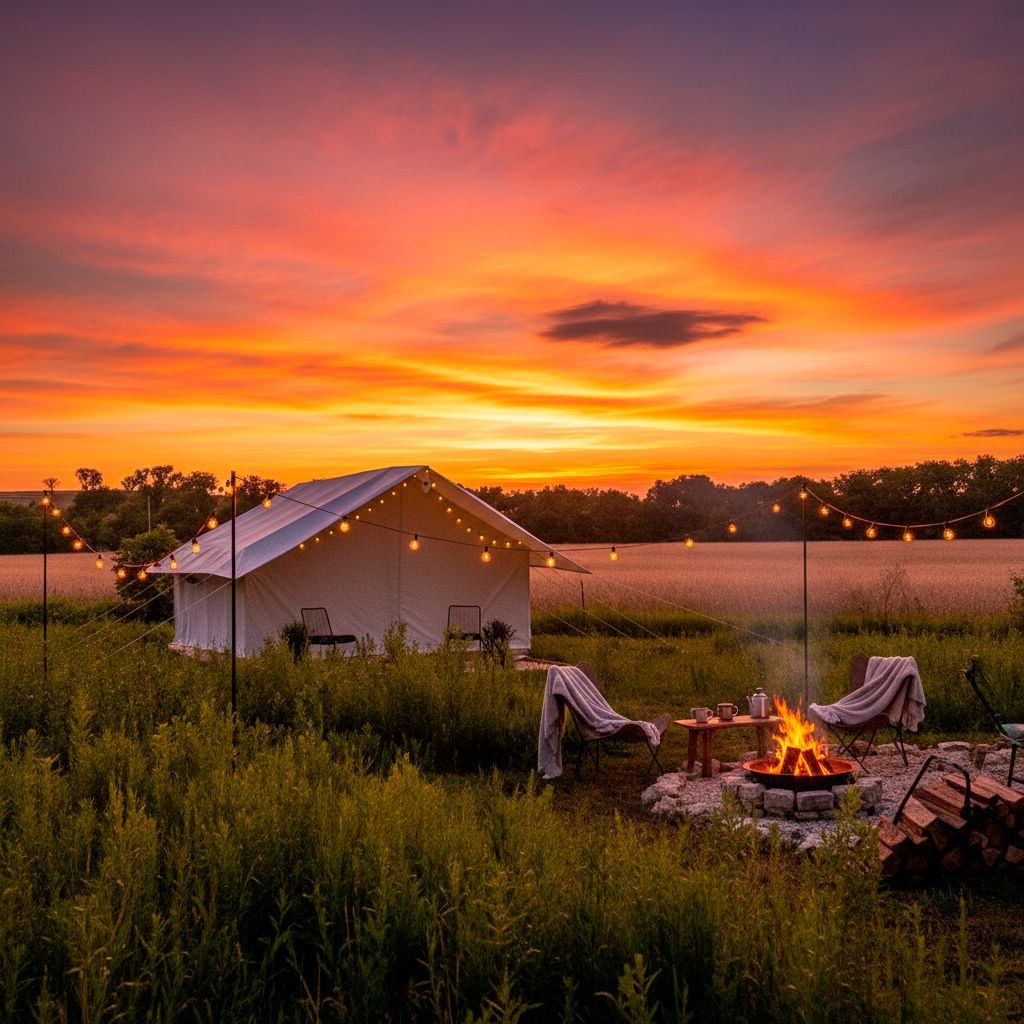 Campsite at sunset with a tent, fire pit, and string lights in a grassy field. Orange and yellow sky.