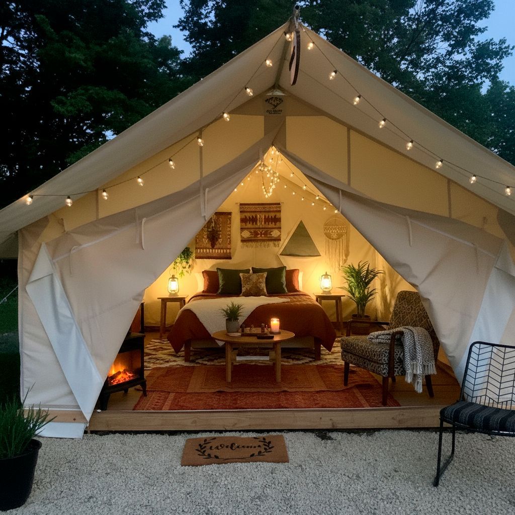 Luxurious canvas tent interior with bed, rugs, and decor, lit by string lights and candles.