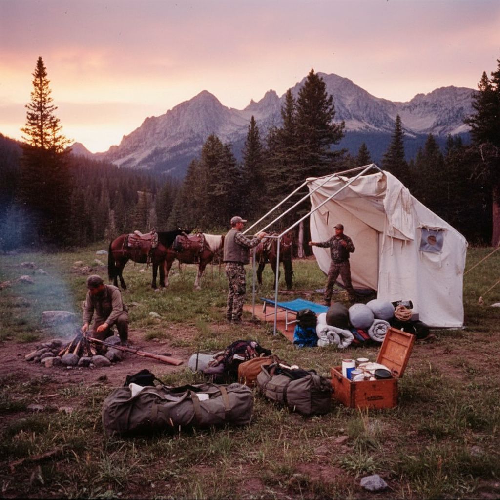 Campers setting up a tent with horses, campfire, and mountains at sunset.