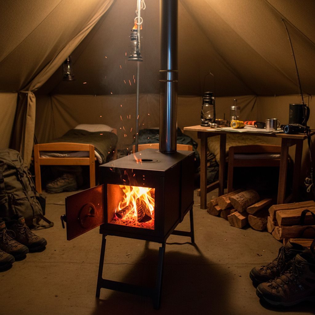 Portable camping stove with a chimney, water tank, side table, and tripod legs.