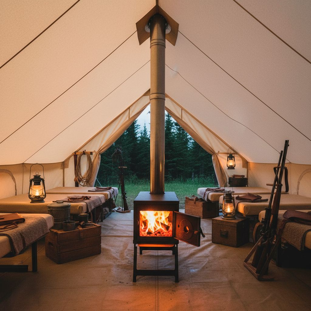 Inside a large canvas tent, a wood-burning stove glows. Bunk beds and lanterns are placed throughout.