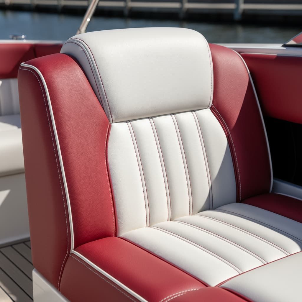 Red and white boat seat with vertical stitching.