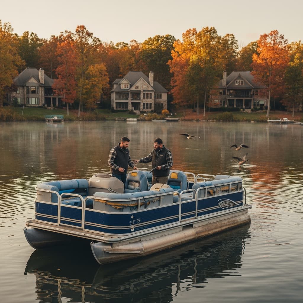 Two people fishing from a pontoon boat on a lake with houses in the background; fall foliage is visible.