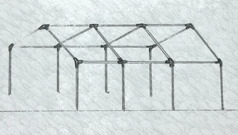 Pencil sketch of a rectangular frame structure, with supporting vertical poles and angled roof beams.