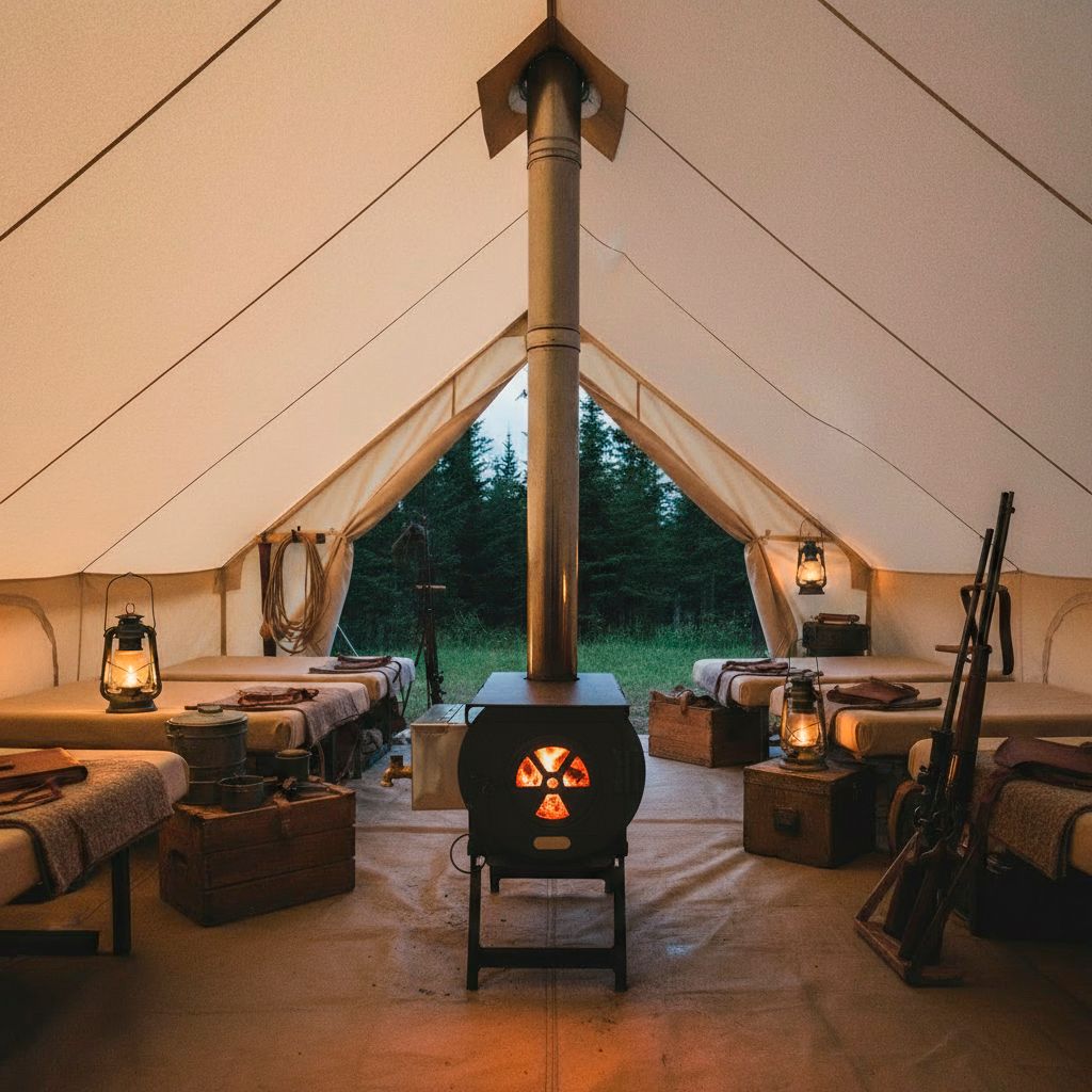 Inside a canvas tent: wood stove with chimney, cots, lanterns, and rifles.