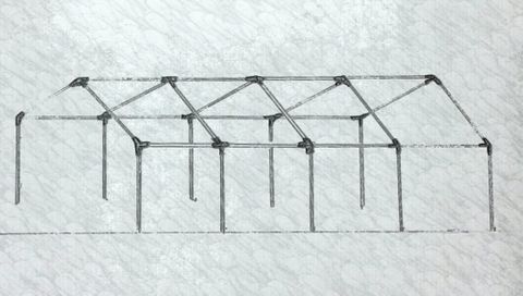 Skeleton frame of a greenhouse structure with a rectangular base and angled roof supports.