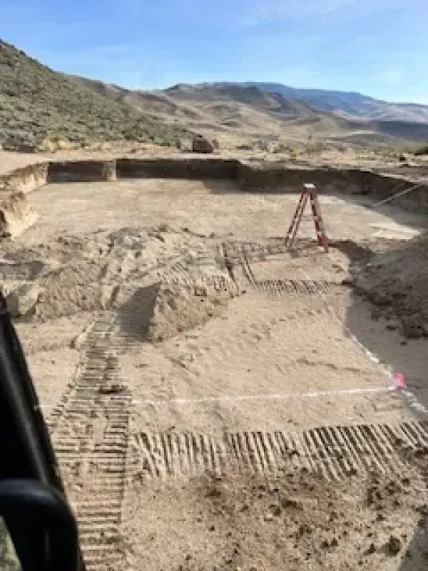 A ladder is sitting in the middle of a dirt field.