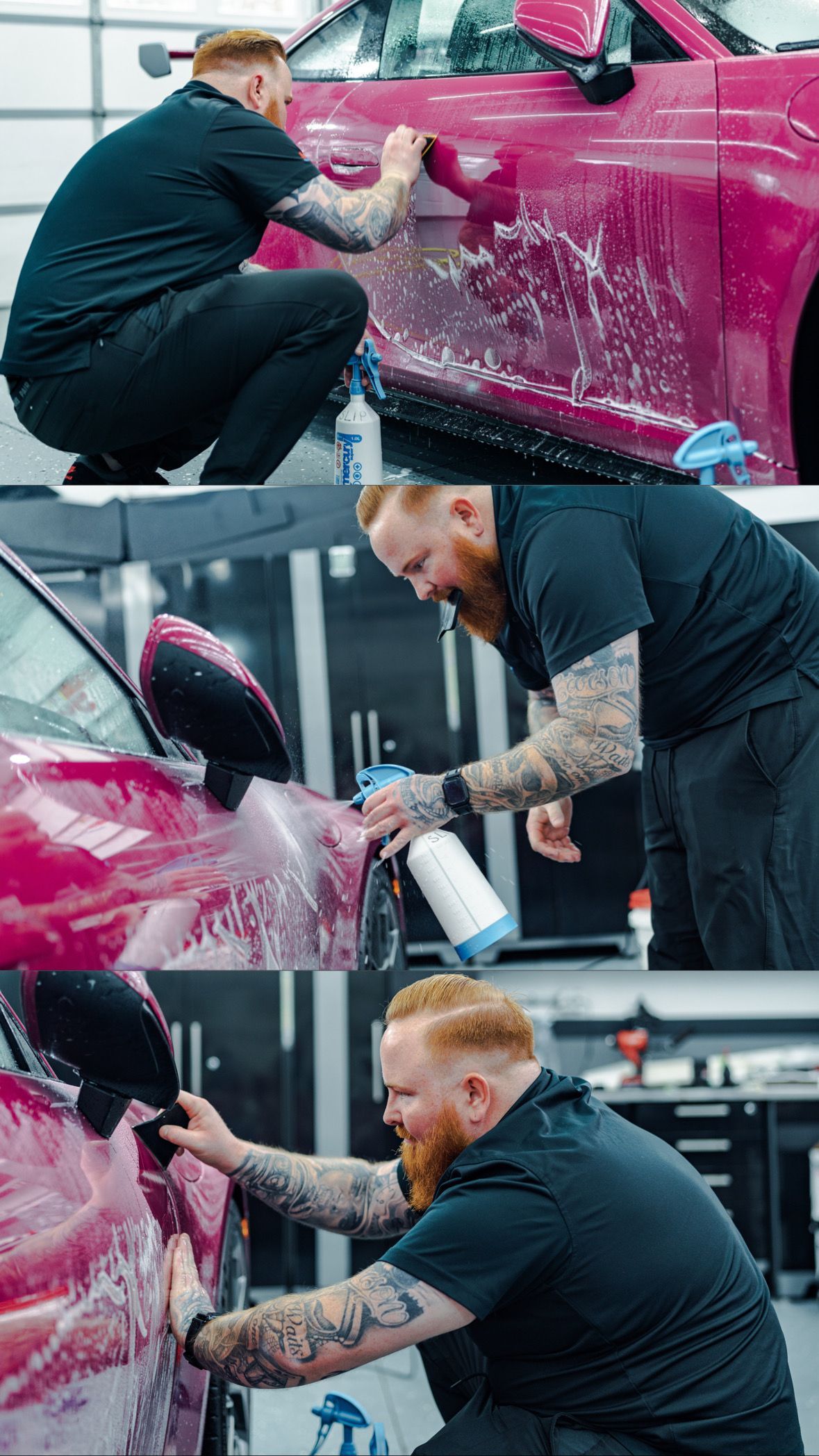 Man applying film to pink car in a garage. He kneels, sprays, and smooths the film.
