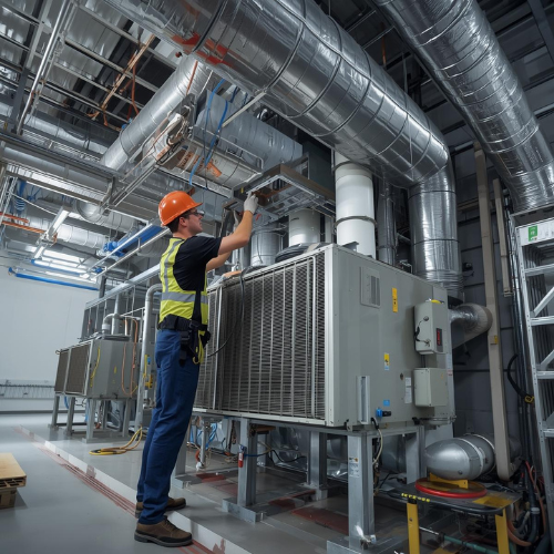 HVAC technician in hardhat, safety vest, working on industrial air conditioning unit. Silver ducts, pipes, building interior.