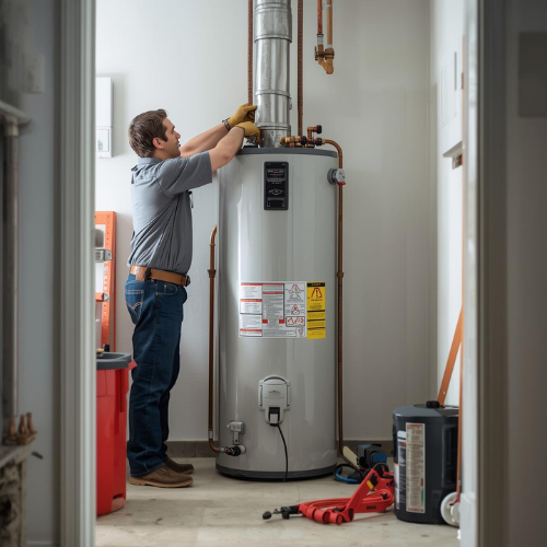 A person in a gray shirt and jeans works on a water heater in a utility room.