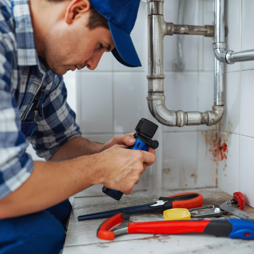 Plumber inspecting pipes with a flashlight, kneeling in a bathroom. Tools on floor.