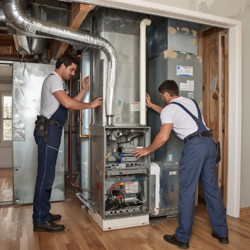 Two technicians in blue overalls inspect a furnace in a home.