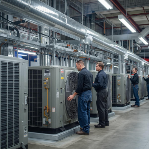 Men inspecting industrial air conditioning units in a factory setting.