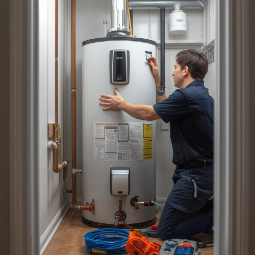 Plumber installing a water heater in a utility closet, with tools visible.