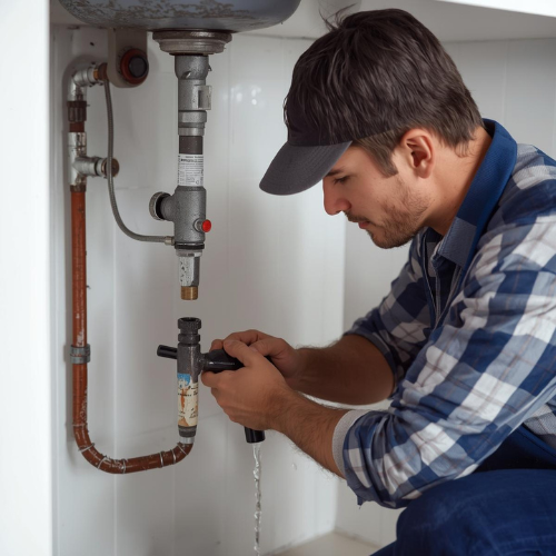 Plumber in blue plaid shirt repairs leaky pipes under a sink; water spills.