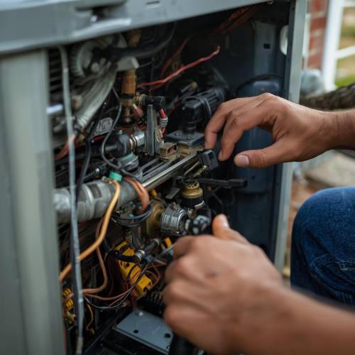 Hands working on exposed components of an air conditioning unit outdoors.
