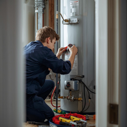 Plumber in blue uniform working on a hot water heater. Indoors.