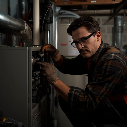 Man in glasses and gloves working on a furnace, dark setting.