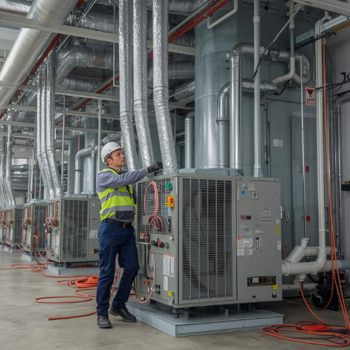 HVAC technician in hard hat and vest inspecting equipment in a facility. Silver ducts and pipes overhead.
