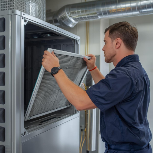 Man in blue uniform replacing a filter in an air system in a well-lit room.