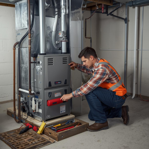 Man in workwear inspecting a furnace in a basement.