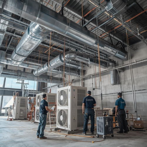 HVAC technicians installing ductwork and outdoor units in a commercial building.