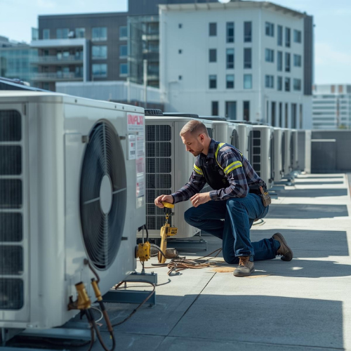 HVAC technician kneels near rooftop air conditioning unit, inspecting with tools on a sunny day.