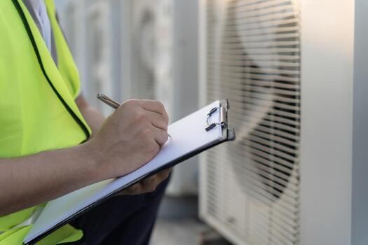 HVAC technician in hard hat and vest inspecting equipment in a facility. Silver ducts and pipes overhead.