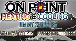 Business card for On Point Heating & Cooling in Colorado. Black, white, blue, and orange text and Colorado flag graphic.