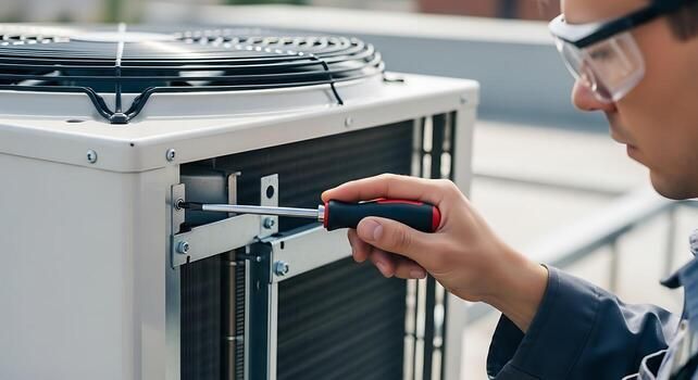 HVAC technician kneels near rooftop air conditioning unit, inspecting with tools on a sunny day.