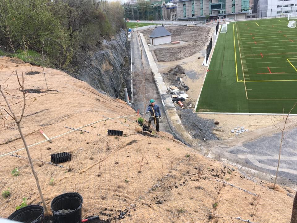 Un homme se tient au sommet d'une colline à côté d'un terrain de football.